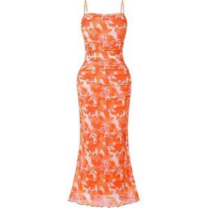 🆕 Women Orange Mesh Sexy Cami Long Dresses Floral Slip Maxi Summer Bodycon